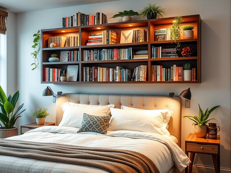 bookshelf serves as headboard