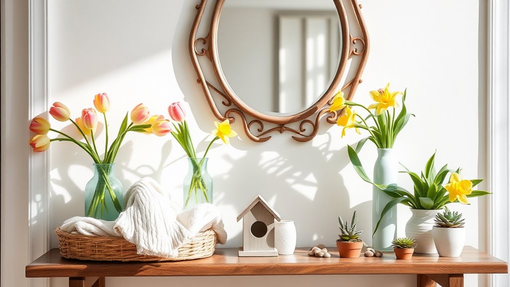 spring entryway shelf decor