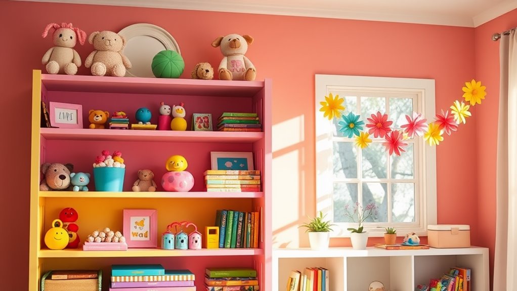 summer playroom shelf decor